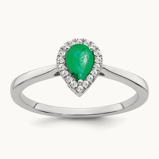 Pear Emerald and Diamond Halo Ring, 14K White Gold