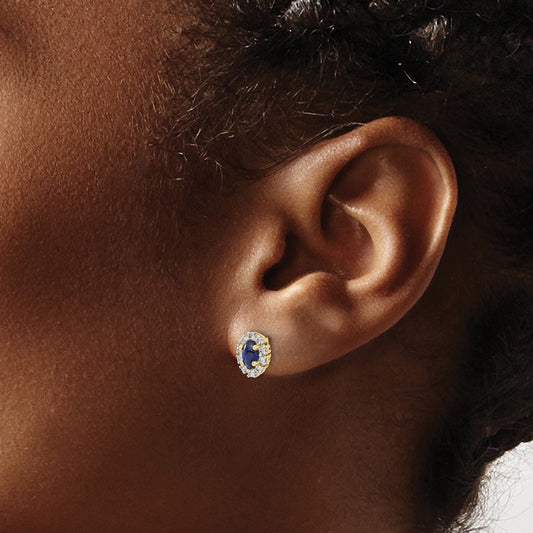Created Sapphire Halo Post Earrings, 0.20 ct tw Lab-Grown Diamond — 14K Yellow Gold