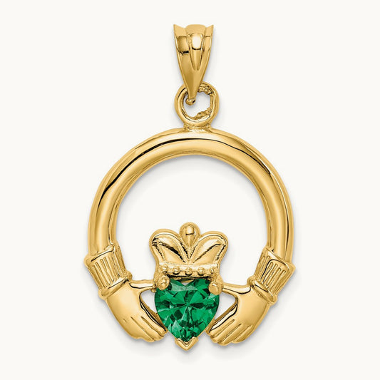 Claddagh with Synthetic Green Stone Pendant, 14K