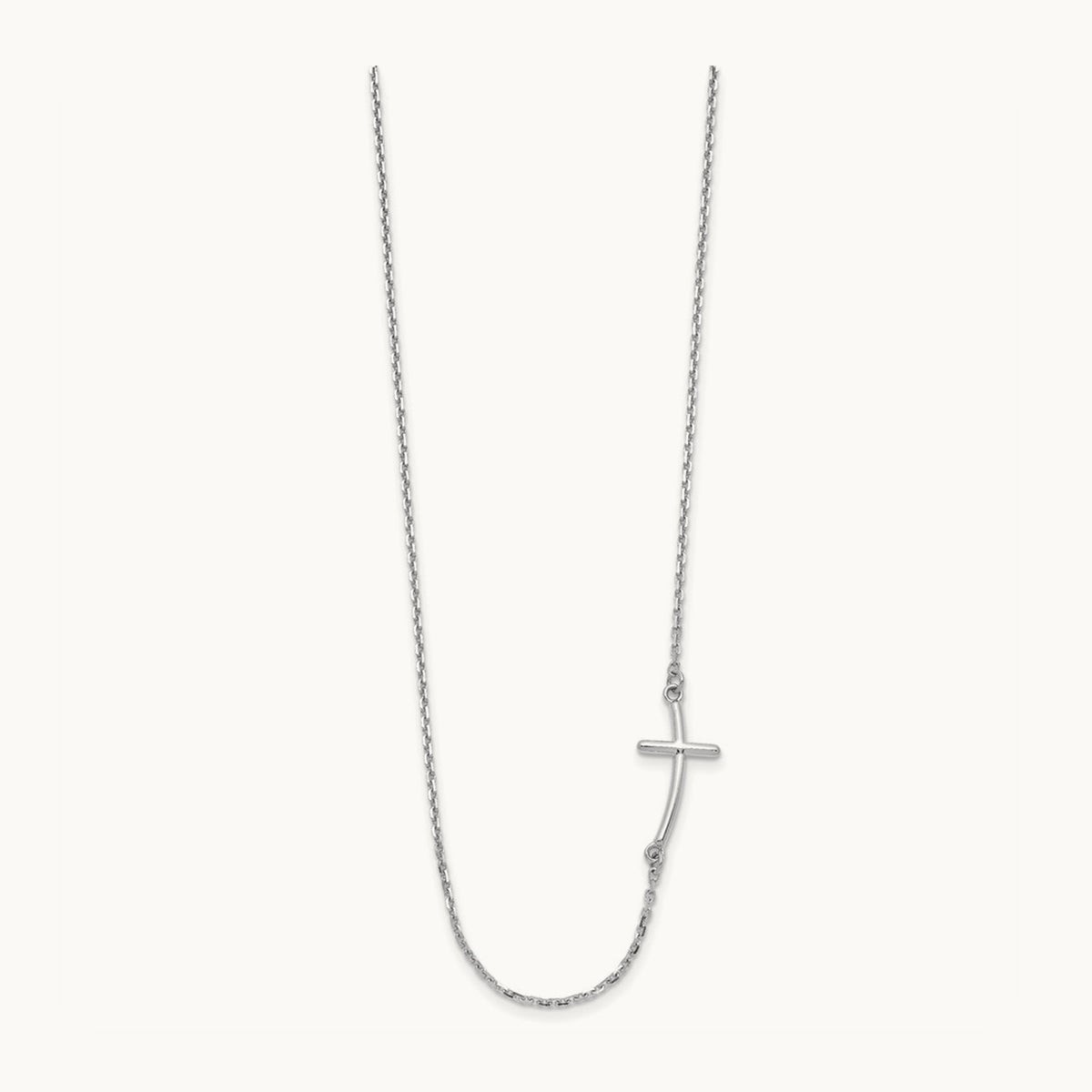 Small Sideways Curved Cross Necklace — 14K White Gold