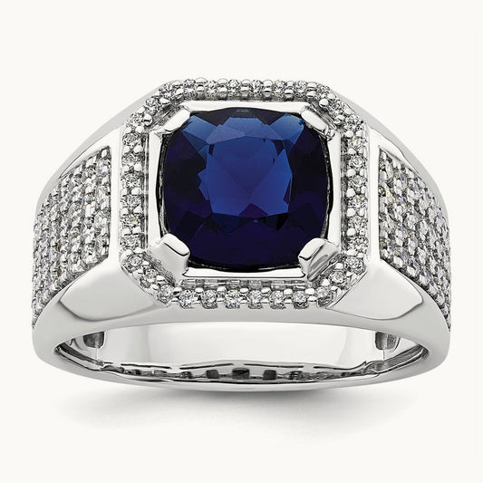 Created Blue Sapphire Men's Ring, 1.00 ct tw Lab-Grown Diamond