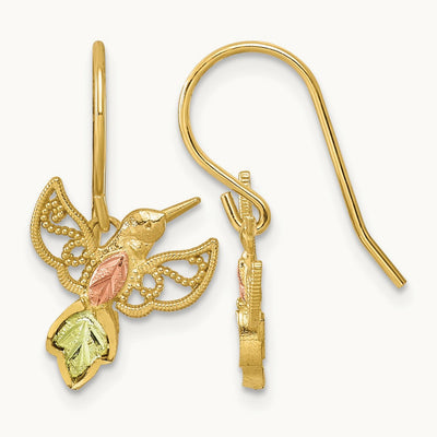 w/12k Accents Black Hills Gold Hummingbird Shepherd Hook Earrings, 10K