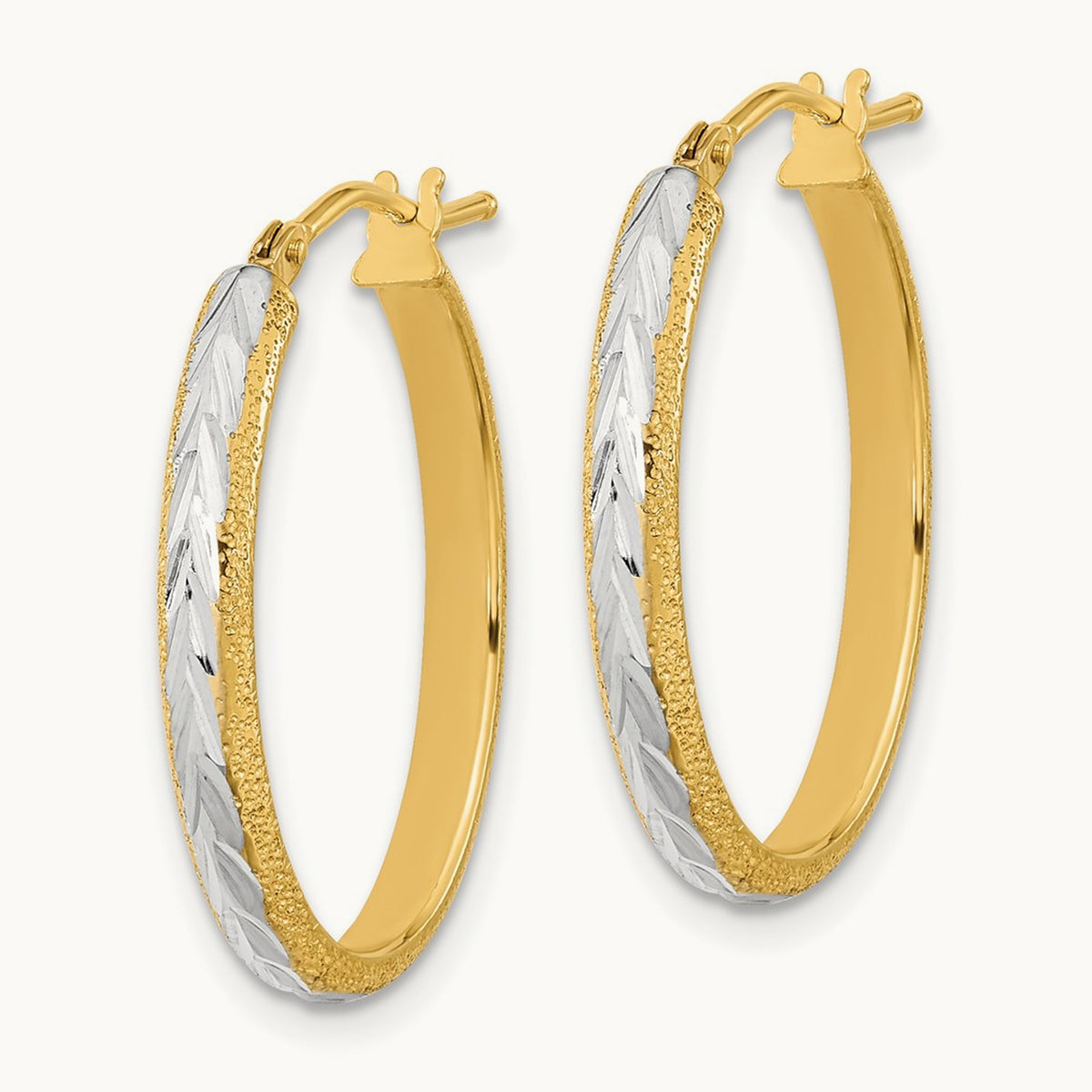 Rhodium Diamond-cut Textured Hoop Earrings, 14K White