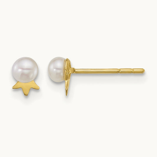 3- Round White FWC Pearl with Crown Post Earrings, 4mm, 14K