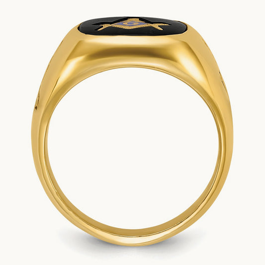 IBGoodman Men's Grooved with Onyx Blue Lodge Masonic Ring, 14K