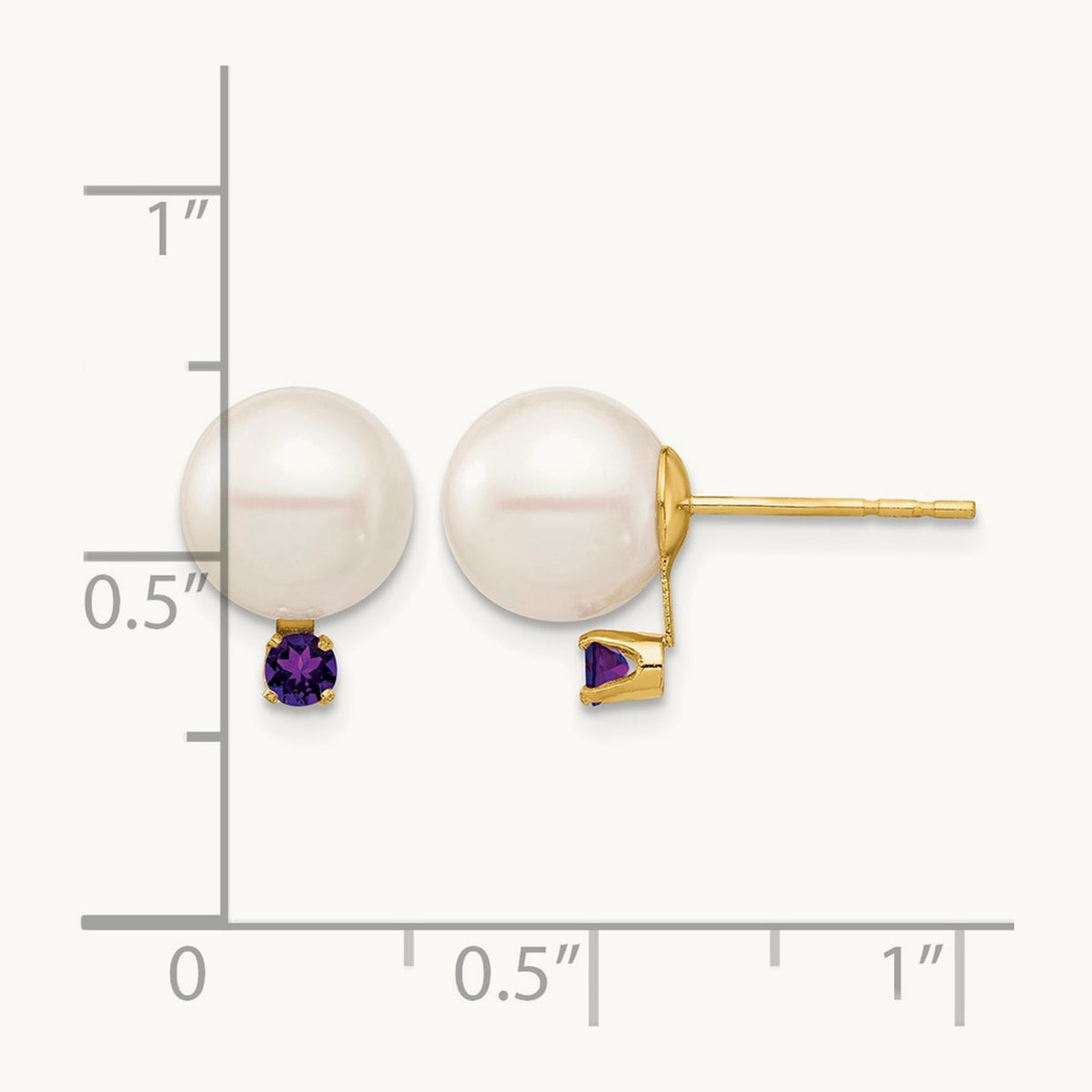 8- White Round Freshwater Cultured Pearl Amethyst Post Earrings, 8.5mm, 14K