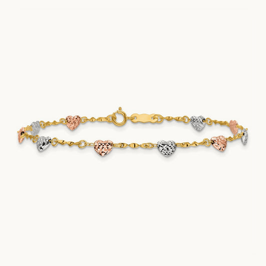 Tri-color Diamond-cut Puff Heart Bracelet, 14K