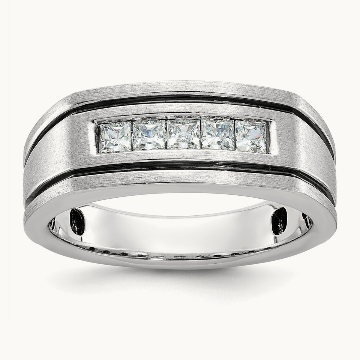 w/ Black RH IBGoodman Men's Satin & Grooved 5-Stone Dia Ring, 14K White Gold