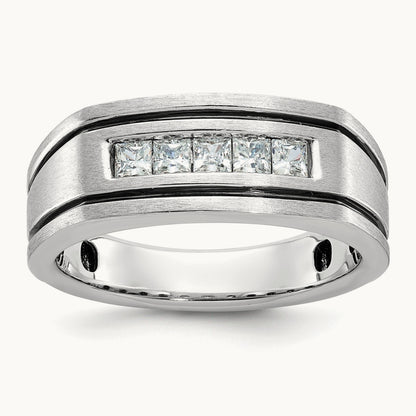 w/ Black RH IBGoodman Men's Satin & Grooved 5-Stone Dia Ring, 14K White Gold