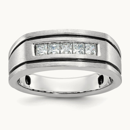 w/ Black RH IBGoodman Men's Satin & Grooved 5-Stone Dia Ring, 14K White Gold