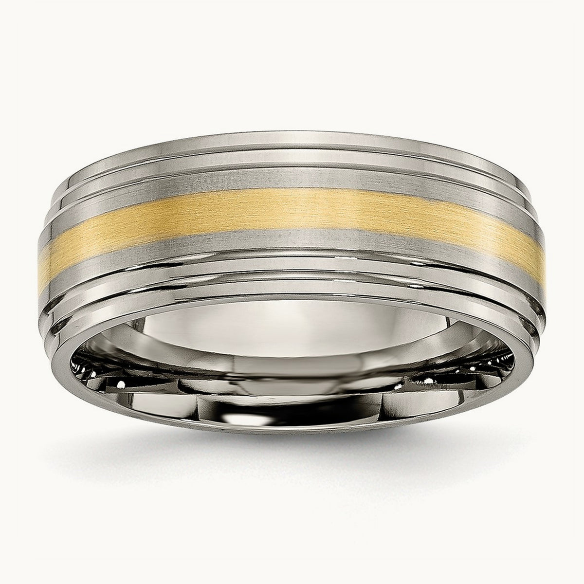 Brushed Center with 14K Yellow Inlay Ridged Edge Band — photo set