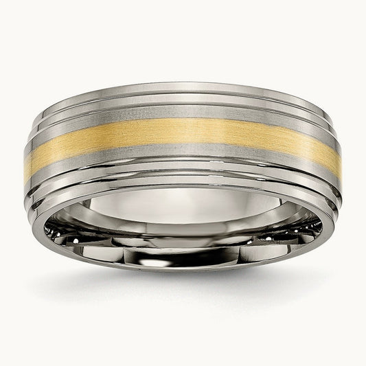 Brushed Center with 14K Yellow Inlay Ridged Edge Band — photo set