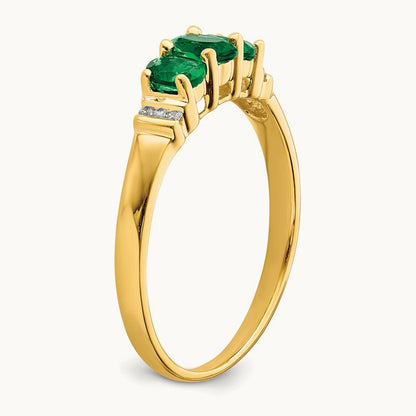Polished Triple Emerald and Diamond 3-stone Ring, 14K