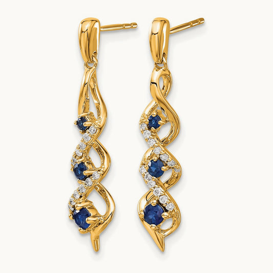 Diamond and Blue Sapphire Post Dangle Earrings, 14K