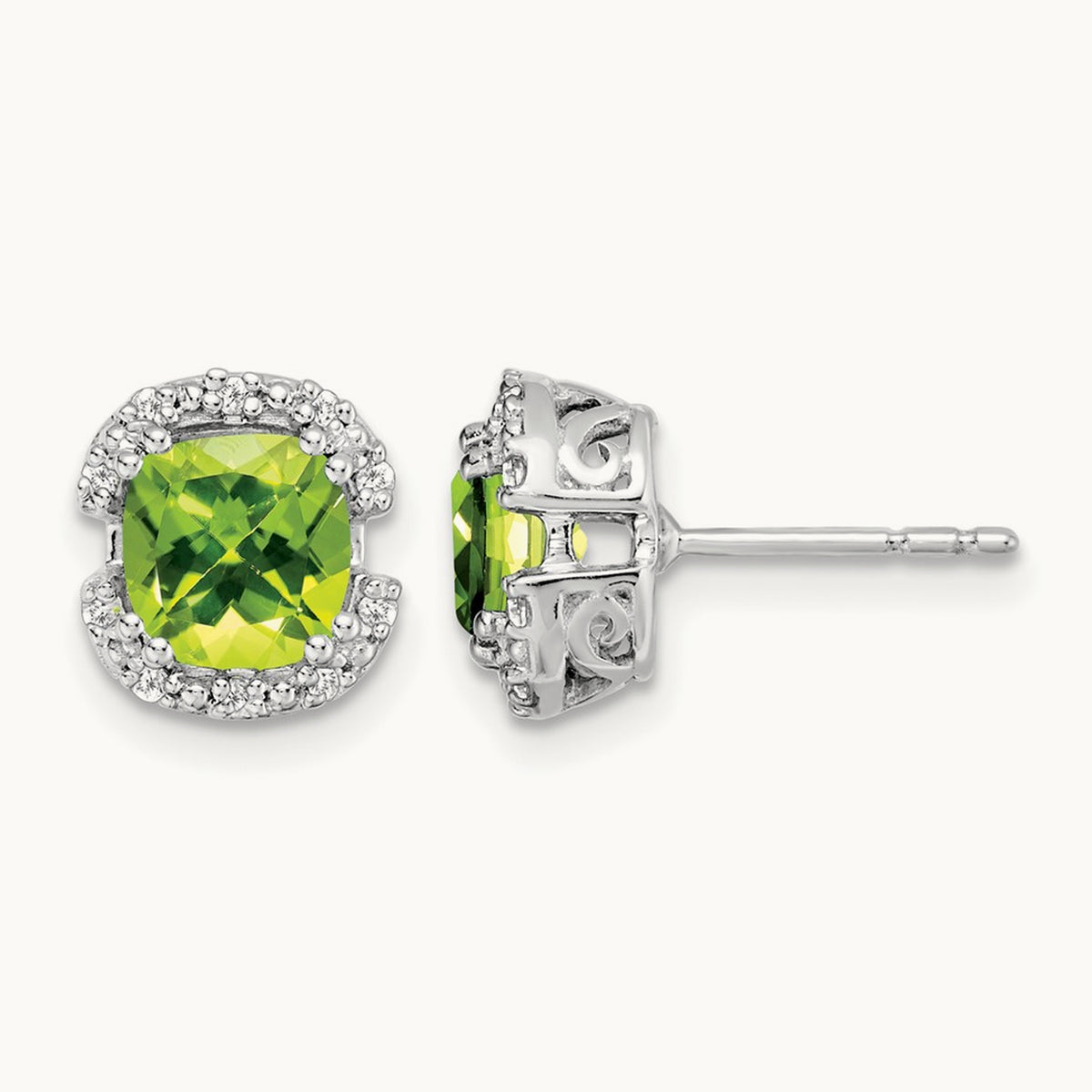 Cushion Peridot and Diamond Halo Earrings — 8.9mm
