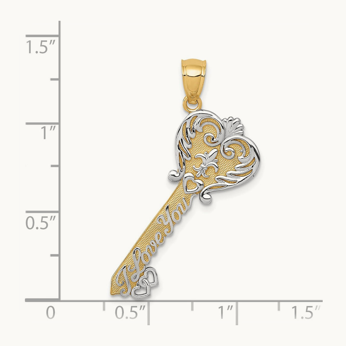 w/White Rhodium Polished I LOVE YOU Filigree Heart Key Charm, 14K