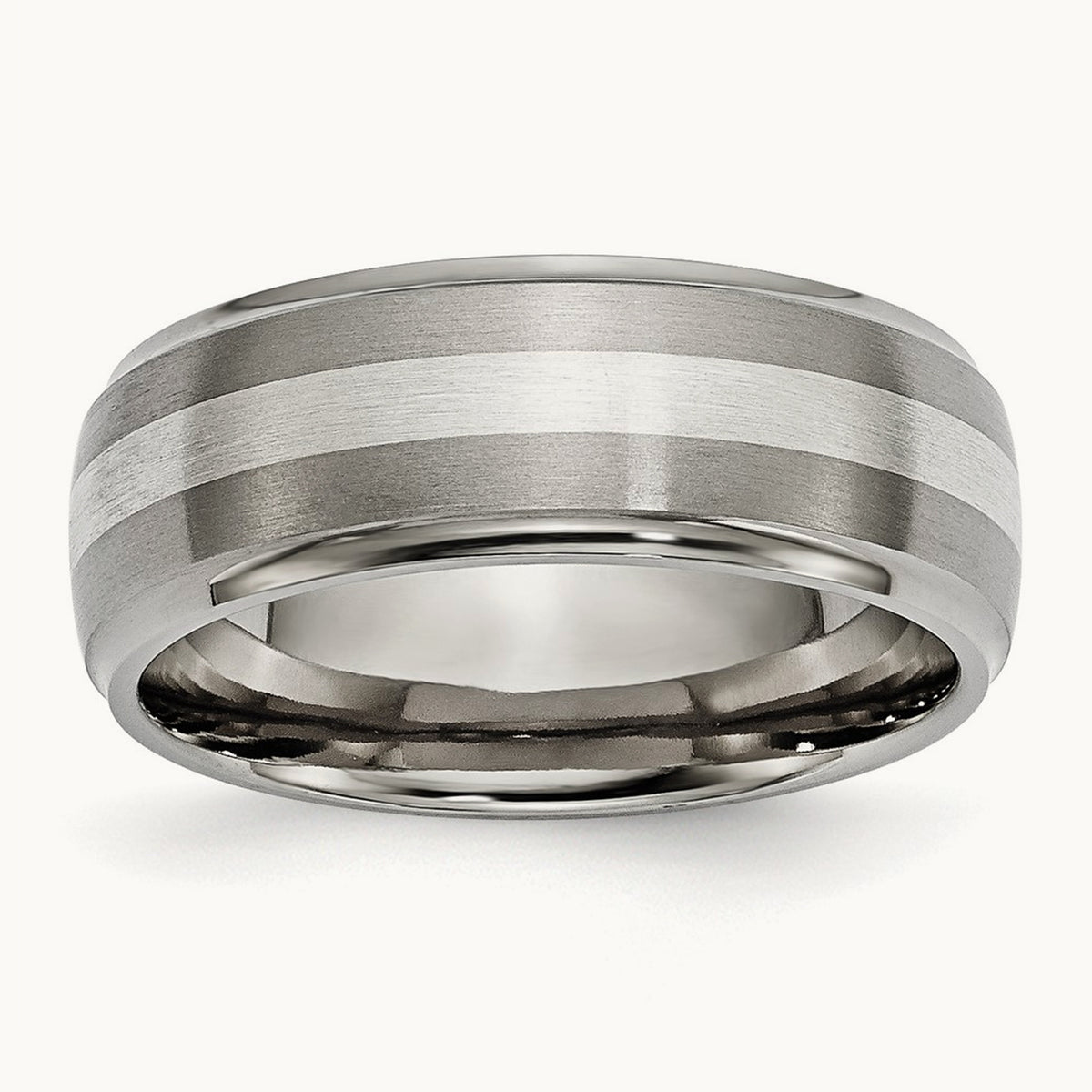 Brushed/Polished w/Sterling Silver Inlay Ridged Edge Band, 8mm, Titanium