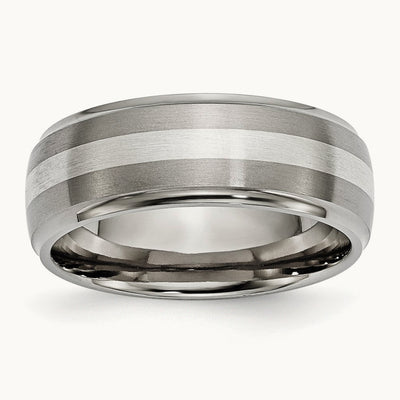 Brushed/Polished w/Sterling Silver Inlay Ridged Edge Band, 8mm, Titanium