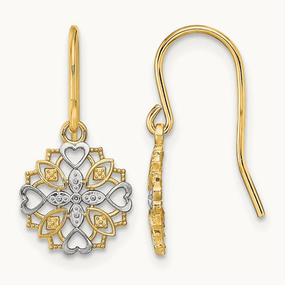 Fancy Dangle Wire Earrings, 14K with Rhodium