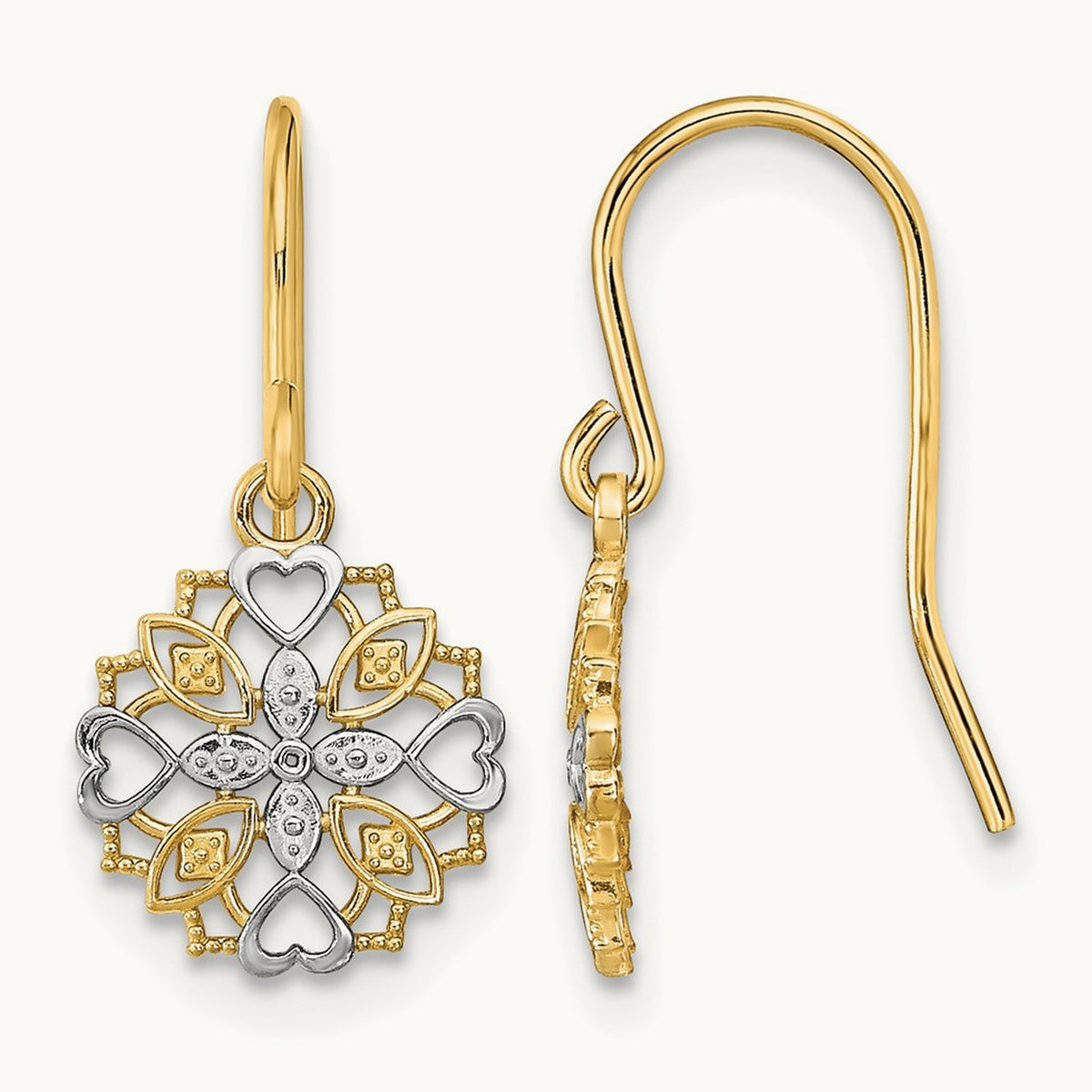 Fancy Dangle Wire Earrings, 14K with Rhodium