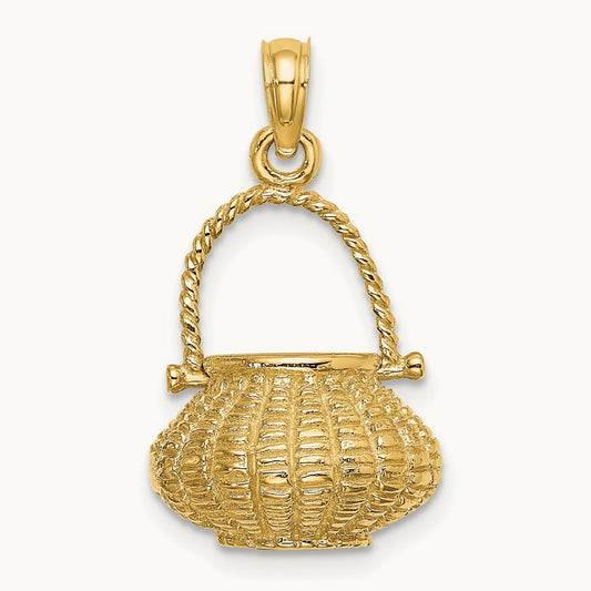 3-D Moveable Handle Flower Basket Charm, 14K