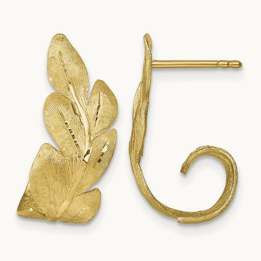 Brushed And Textured Leaf Post Earrings, 14K
