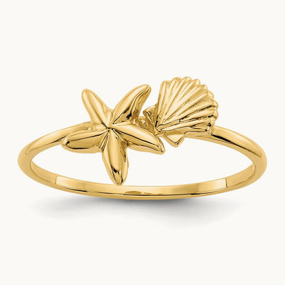 Polished Shell & Starfish Ring, 14K