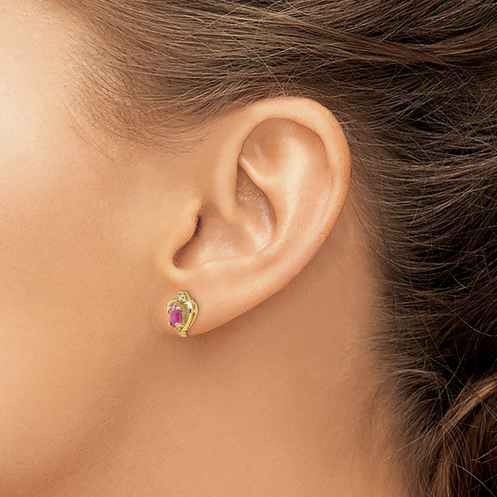 Ruby and Diamond Heart Earrings — 14K Yellow Gold, 17mm