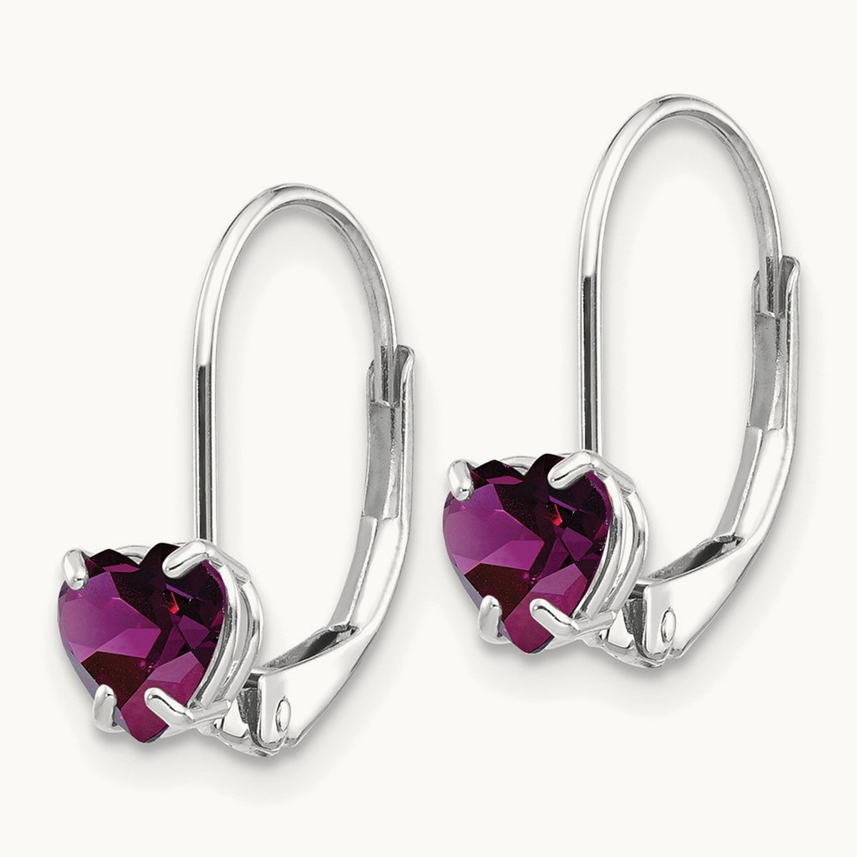 Heart Amethyst Leverback Earrings — 14K White Gold