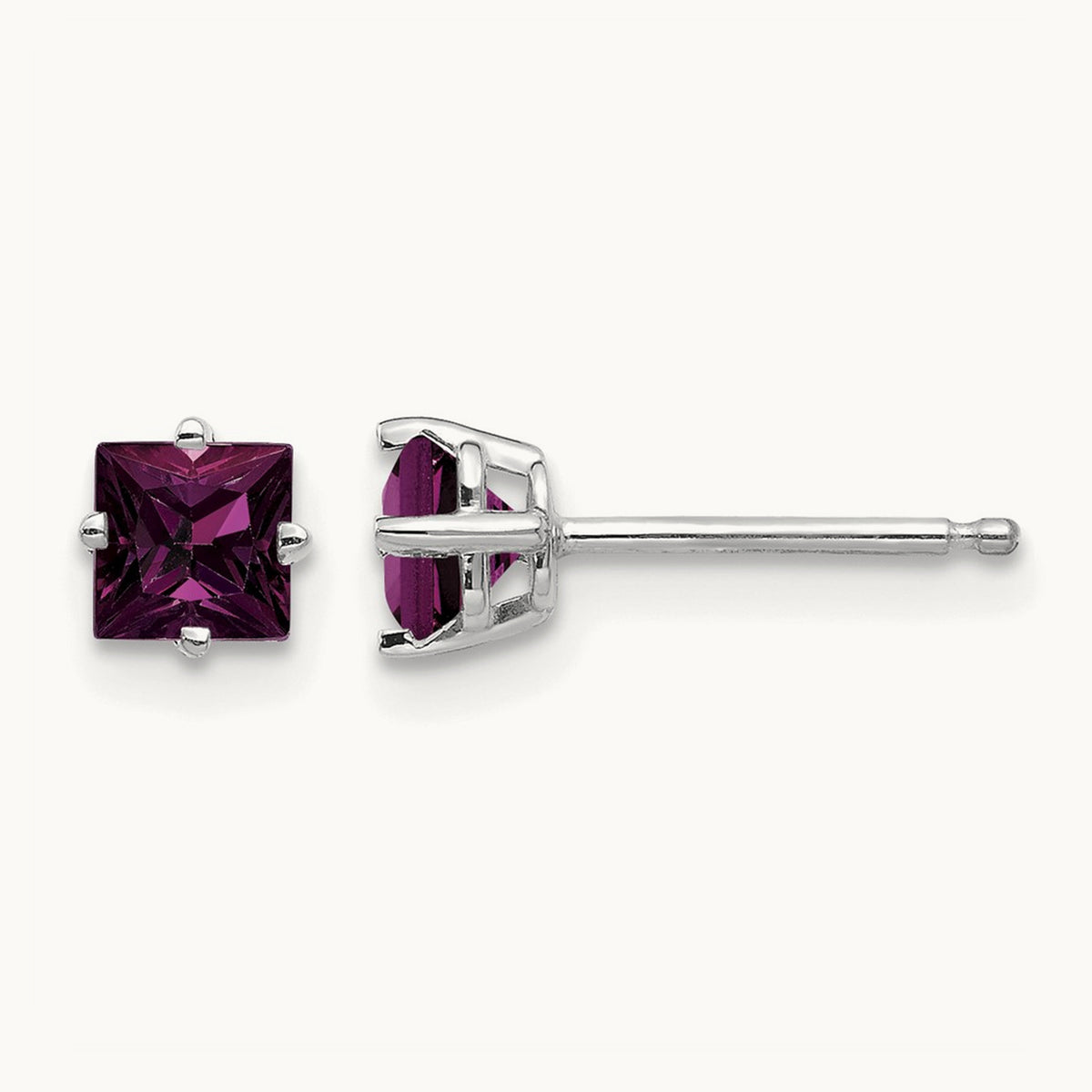 Princess Cut Rhodolite Garnet Earrings, 4mm, 14K White Gold
