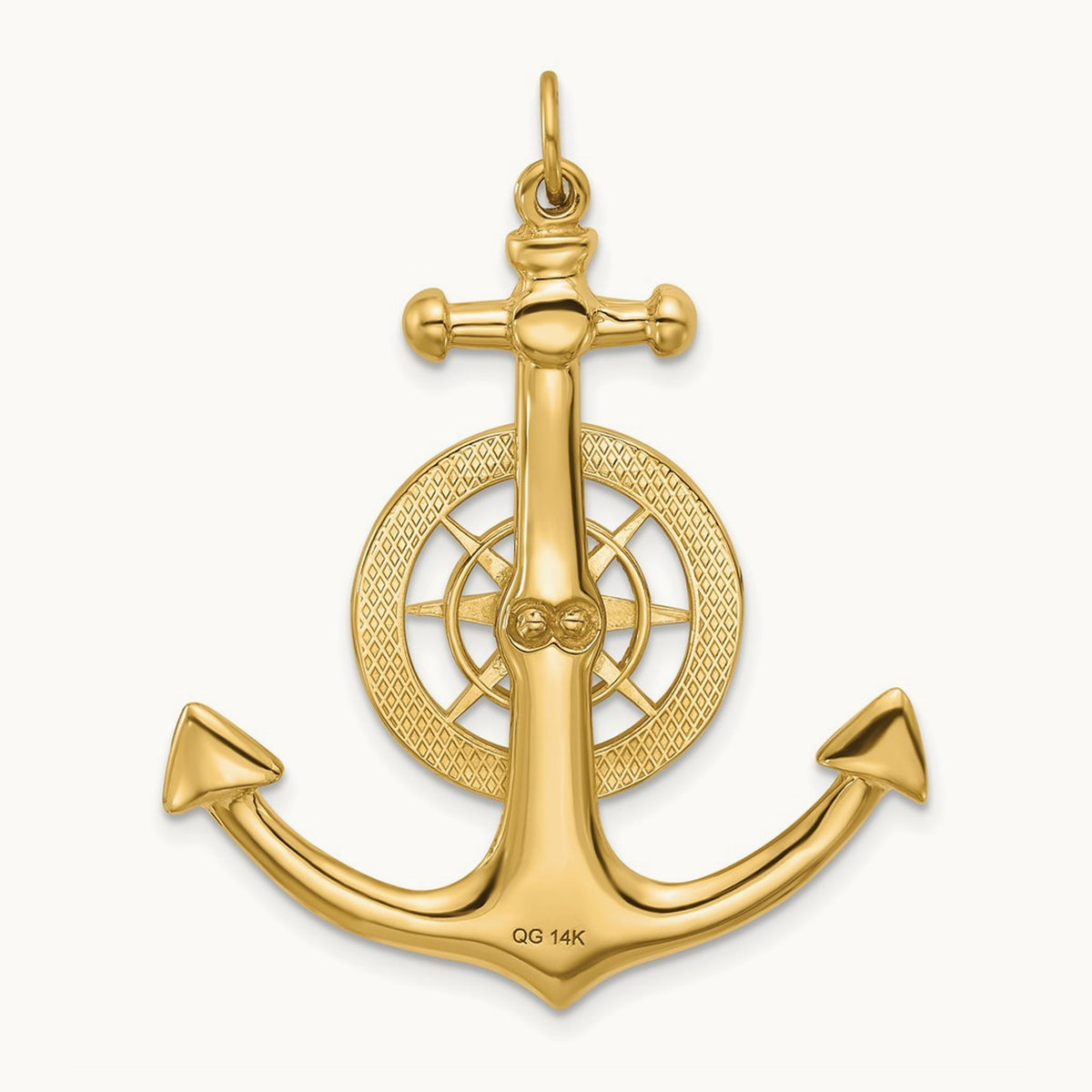Large Anchor w/ Nautical Compass Charm, 14K