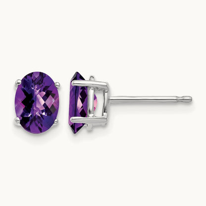 7x5mm Oval Amethyst Checker Earrings, 14K White Gold