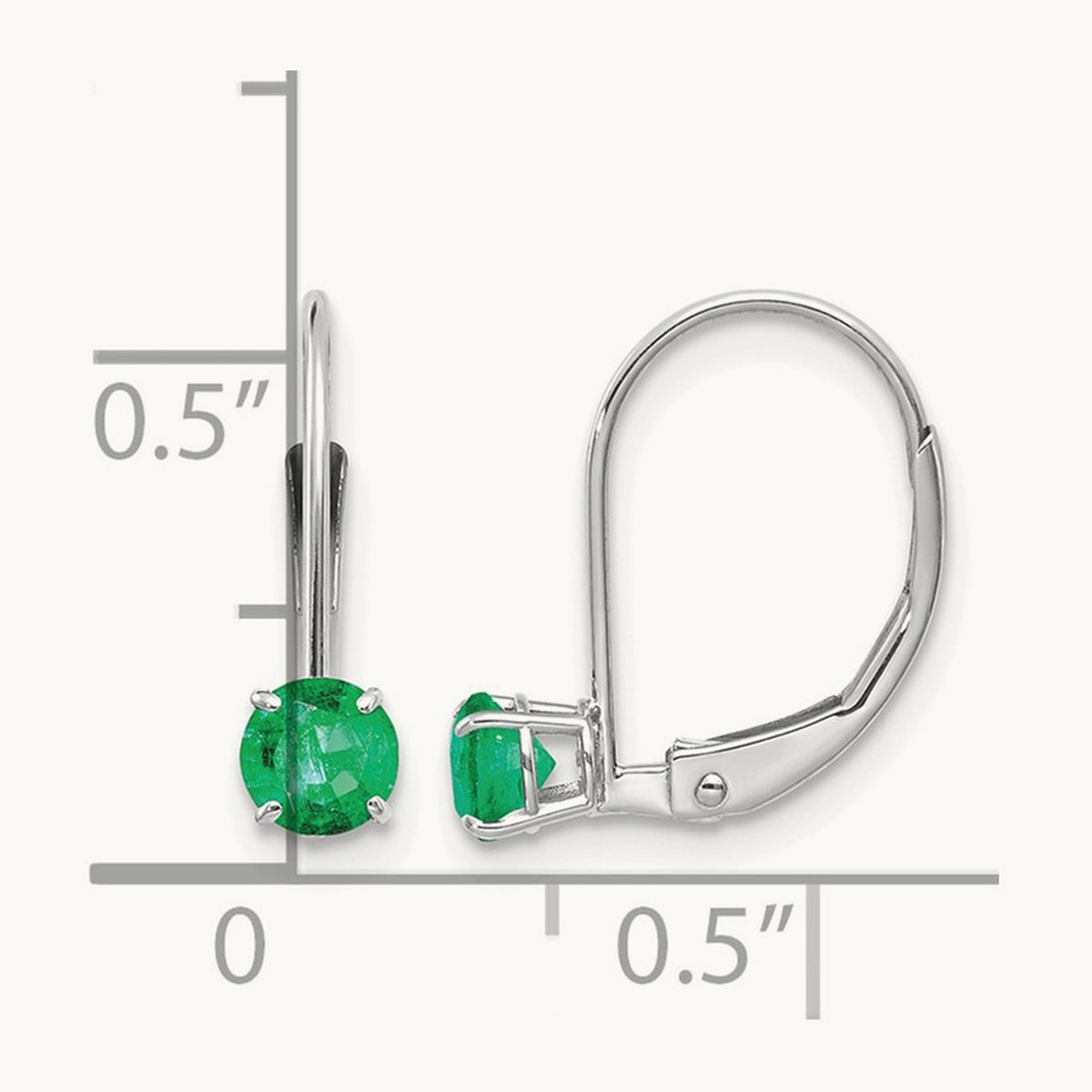 Round May/Emerald Leverback Earrings — 14K White Gold