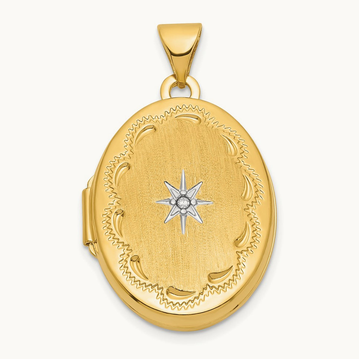 Brushed Diamond Star Oval Locket — 14K Two-Tone Gold