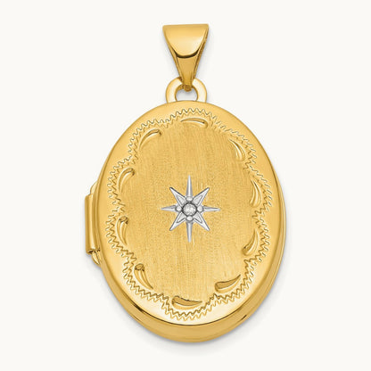 Brushed Diamond Star Oval Locket — 14K Two-Tone Gold