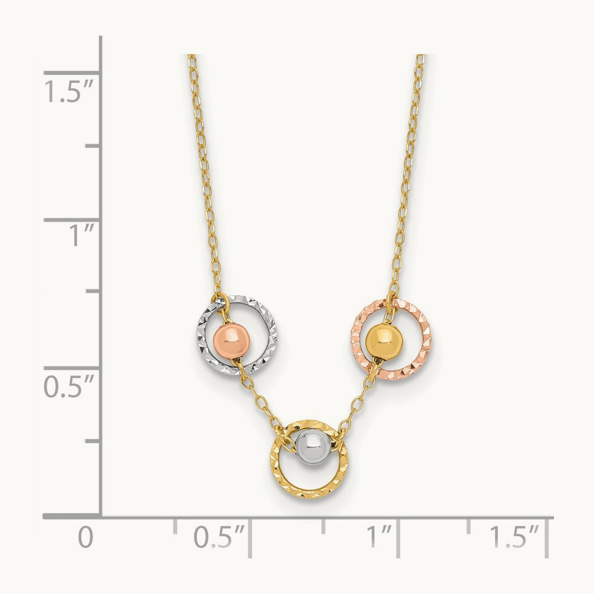 Tri-Color Polished D/C 3 Circle Beads Necklace, 14K