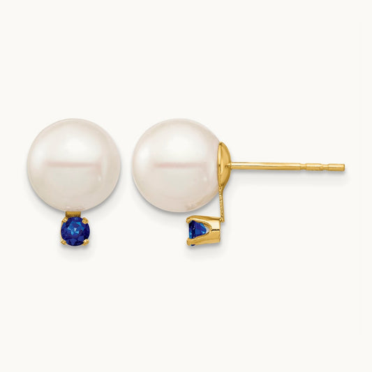8- White Round Freshwater Cultured Pearl Sapphire Post Earrings, 8.5mm, 14K