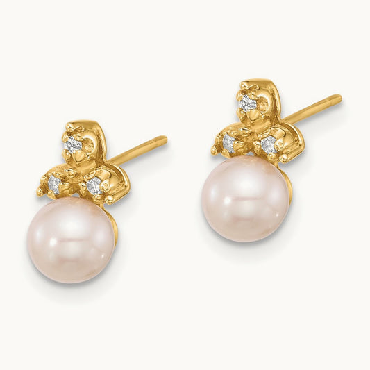 5- Button Freshwater Cultured Pearl .06ct Dia Post Earrings, 6mm, 14K