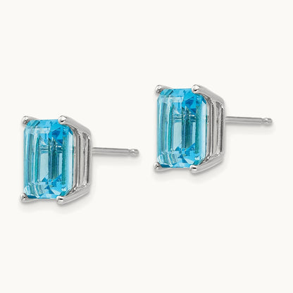 9x7mm Emerald Cut Blue Topaz Earrings, 14K White Gold