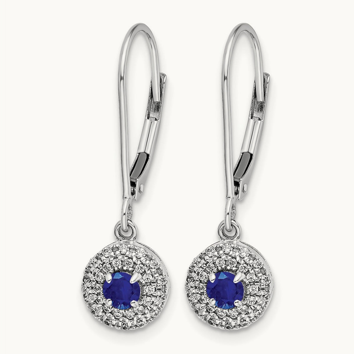 Diamond Halo Sapphire Leverback Dangle Earrings, 14K White Gold