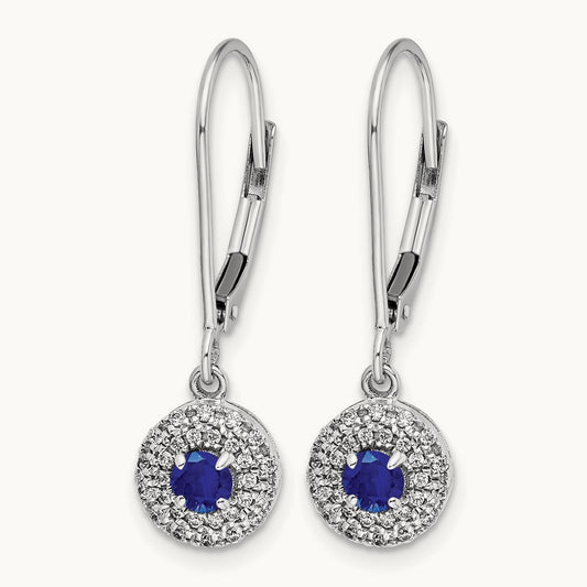 Diamond Halo Sapphire Leverback Dangle Earrings, 14K White Gold