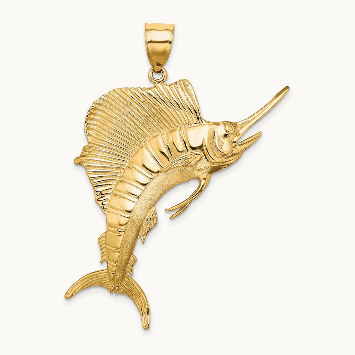 3-D Polished Textured Sailfish Charm, 14K