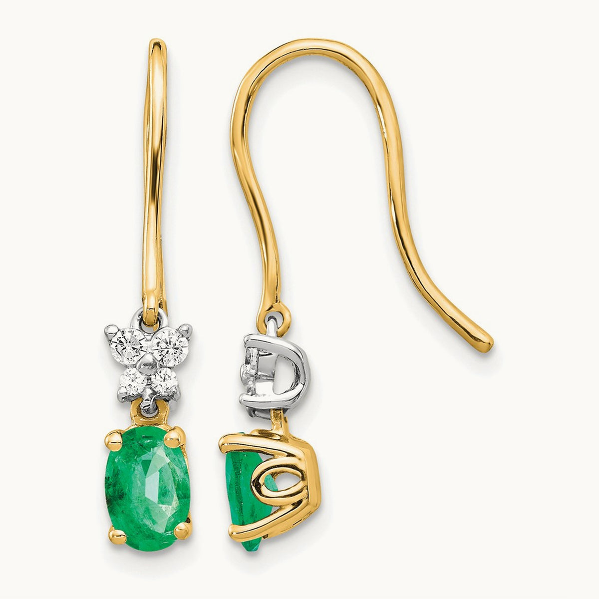 1/8ct Diamond and Oval Emerald Shepherd Hook Earrings, 14K Two-tone