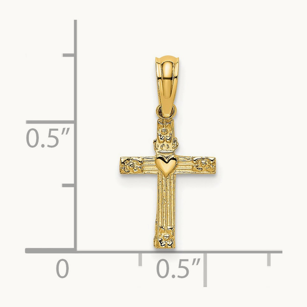 Textured Mini Cross w/ Heart Charm, 14K