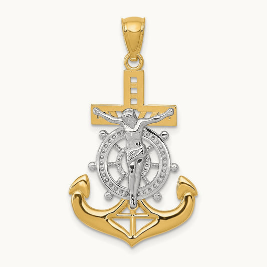 w/Rhodium Polished Mariners Crucifix Pendant, 14K
