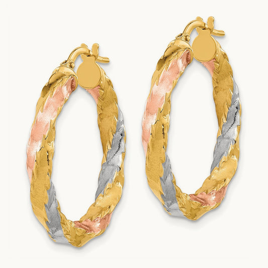 & White Rhodium Polished Twisted Hoop Earrings, 14K with Rose