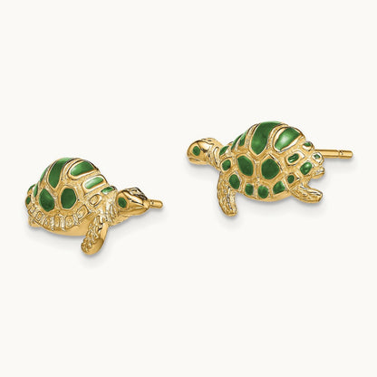 Green Enamel Turtle Post Earrings, 14K