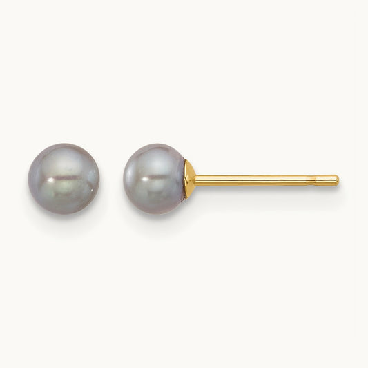 4- Round Grey Freshwater Cultured Pearl Post Earrings, 5mm, 14K