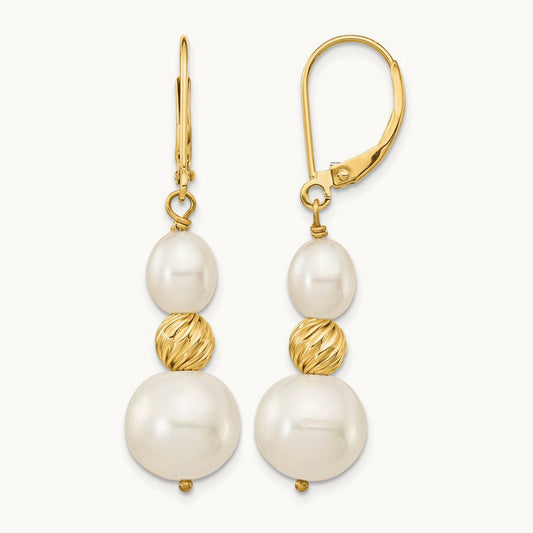 6- White Freshwater Cultured Pearl D/C Bead Leverback Earrings, 10mm, 14K