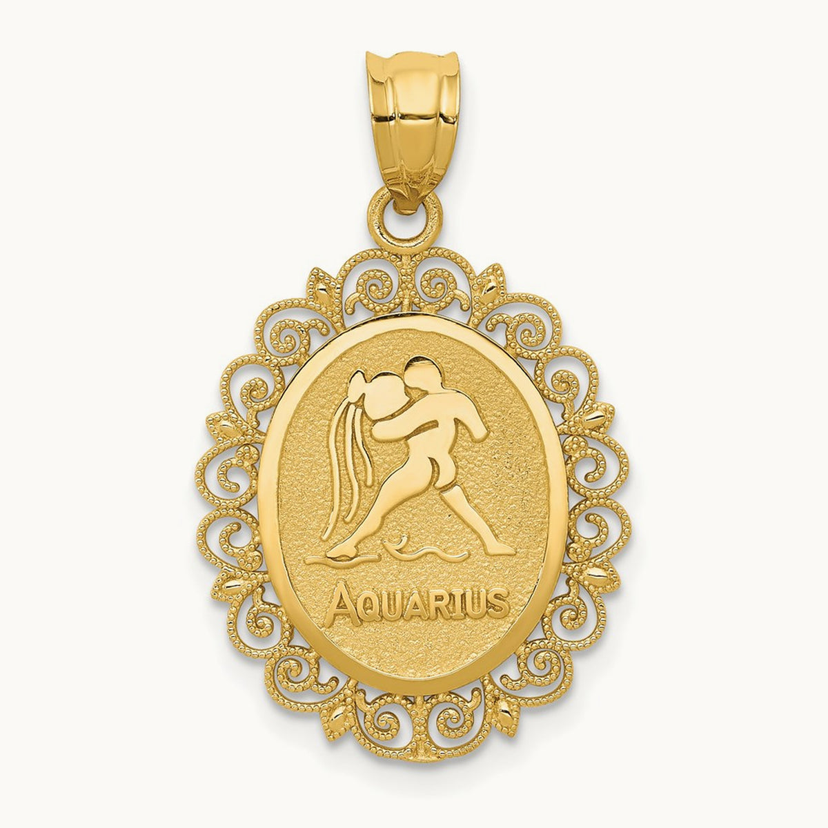 Solid Satin Polished Aquarius Zodiac Oval Pendant, 14K